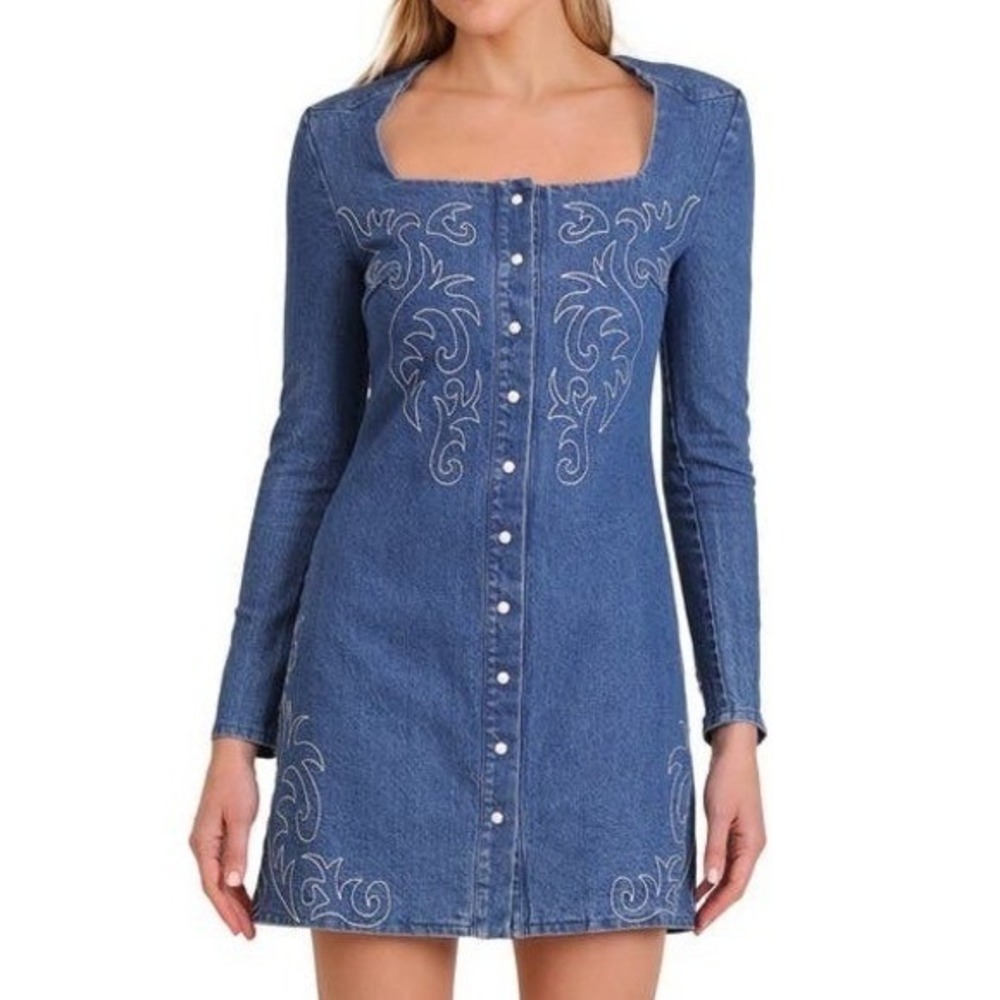 Avec Les Filles Western Embroider Long Sleeve Denim Minidress PROVENCE WSH 6 NWT